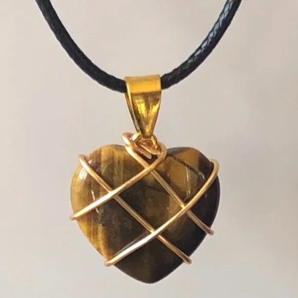 Tiger Eye Heart Natural Gemstone Gold Wire Winded Pendant Necklace - Picture 4 of 4